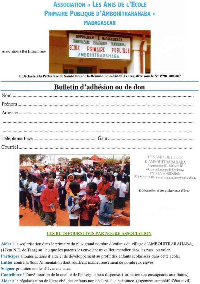 Bulletin d'adhésion Ambohitrarahaba